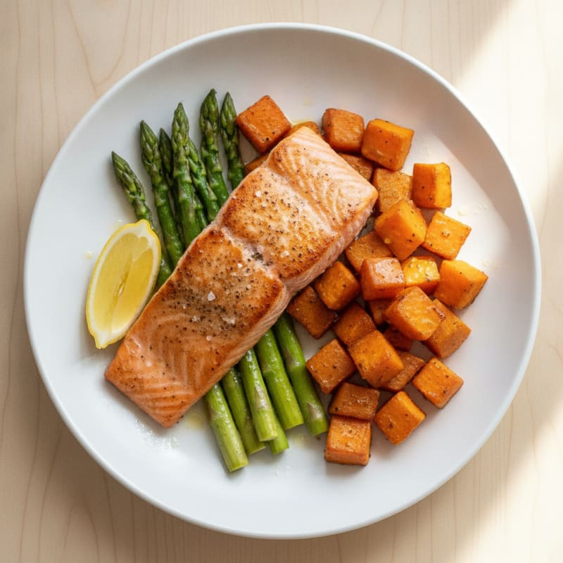 Seared Salmon Fillet with Roasted Sweet Potatoes and Asparagus