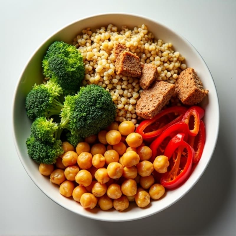 Chickpea and Quinoa Protein Bowl with Steamed Broccoli and Red Peppers