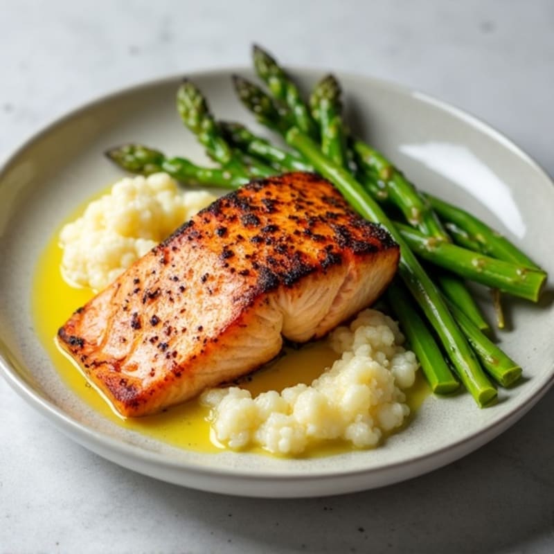 Seared Salmon with Steamed Asparagus and Garlic Cauliflower Mash