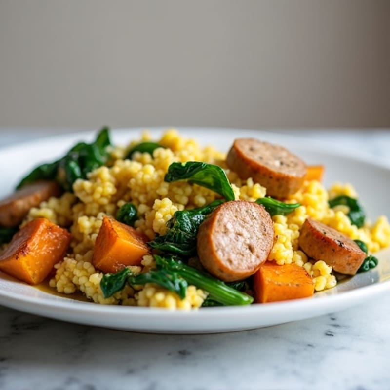 Egg White and Turkey Sausage Scramble with Spinach and Roasted Sweet Potato