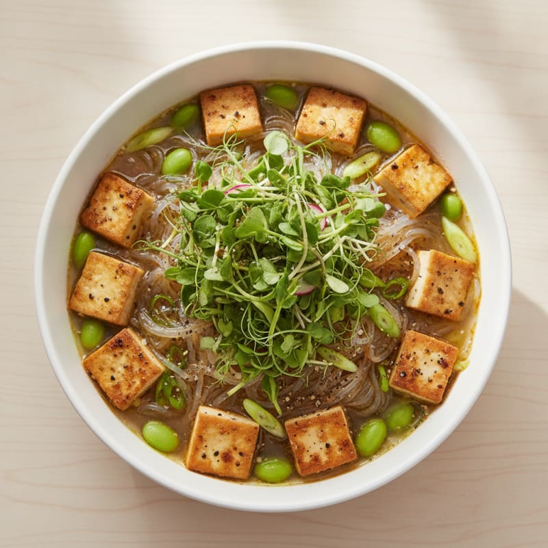 Tofu Glass Noodle Soup with Microgreens