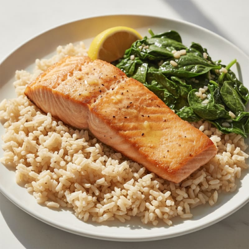 Seared Salmon with Garlic Spinach and Steamed Brown Rice