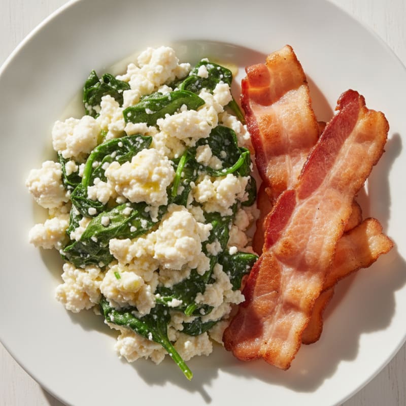 Cottage Cheese Egg White Scramble with Spinach and Turkey Bacon