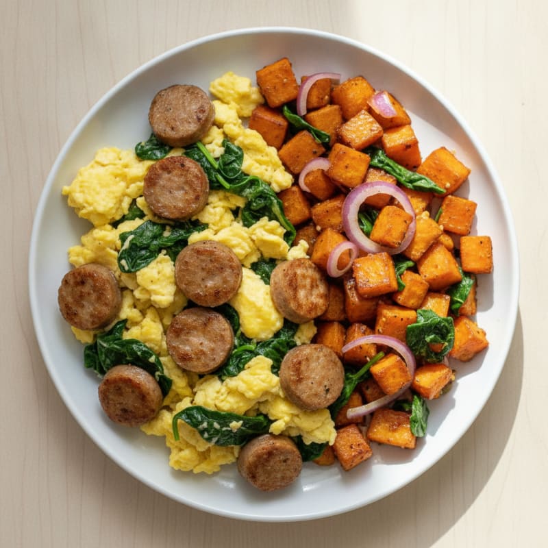 Crispy Turkey Sausage and Spinach Egg Scramble with Sweet Potato Hash
