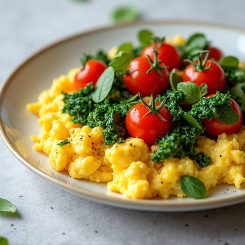 Fluffy Scrambled Eggs with Sautéed Spinach and Cherry Tomatoes