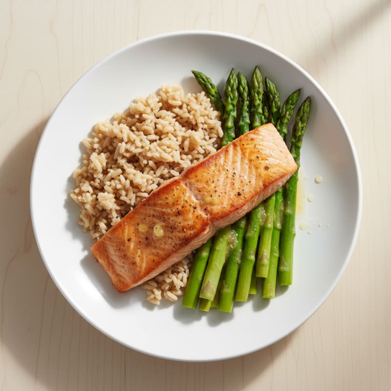 Seared Salmon with Steamed Asparagus and Brown Rice