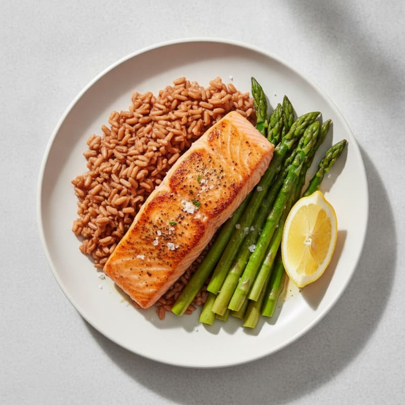 Seared Salmon Fillet with Steamed Asparagus and Brown Rice