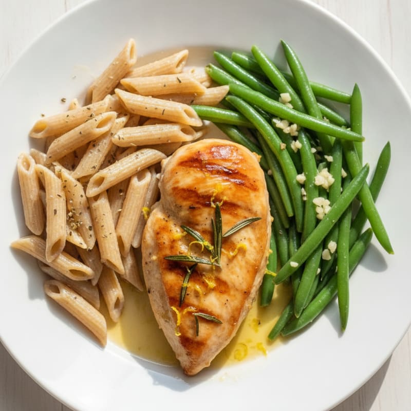 Lemon Herb Baked Chicken Breast with Sautéed Green Beans and Pasta