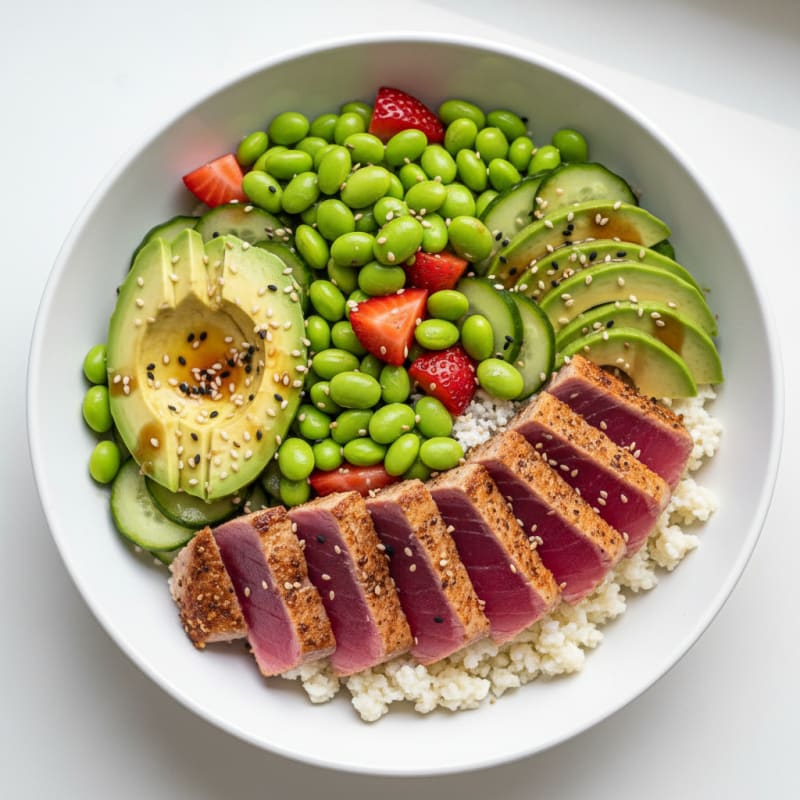 Seared Tuna Sushi Bowl with Edamame and Avocado