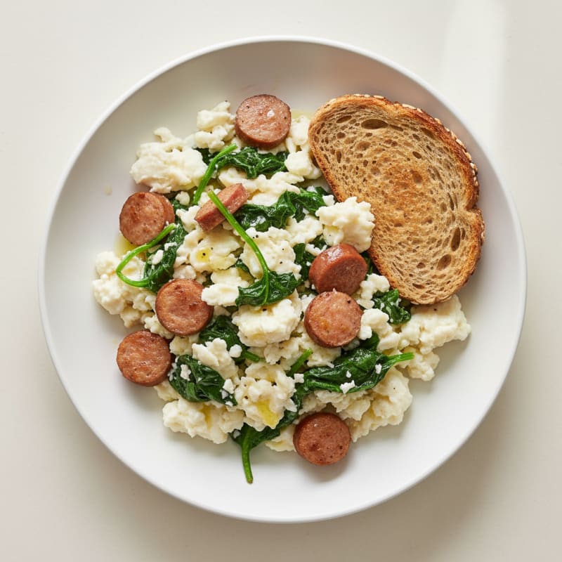 Egg White Scramble with Turkey Sausage and Sautéed Spinach