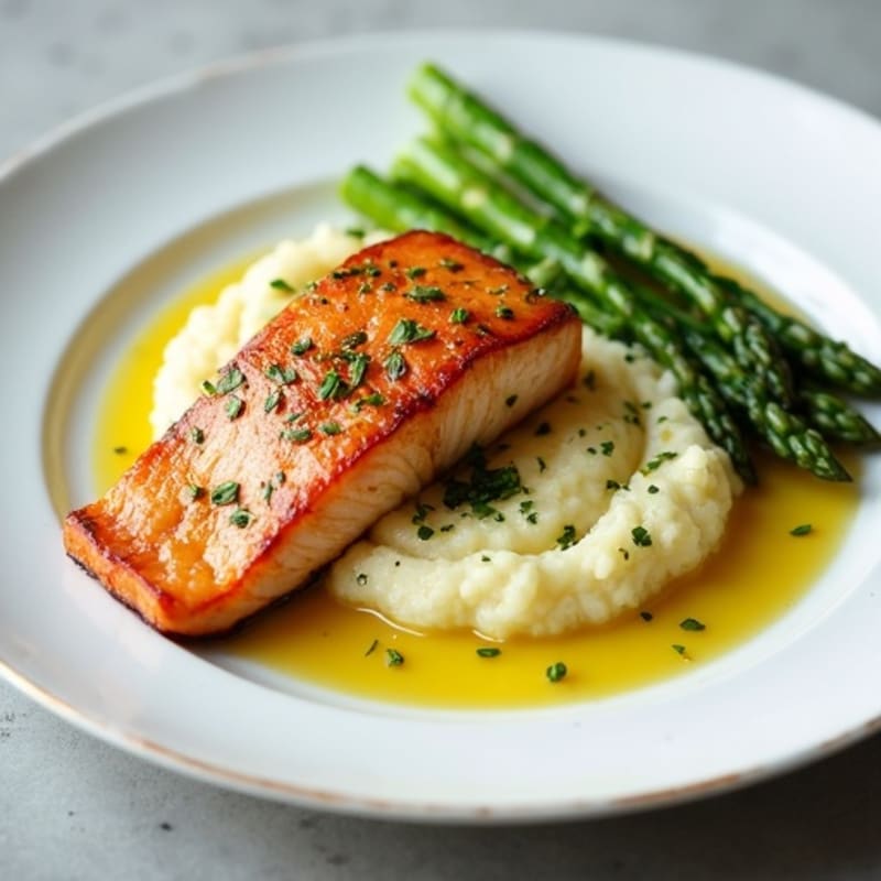 Seared Salmon with Steamed Asparagus and Garlic Mashed Cauliflower
