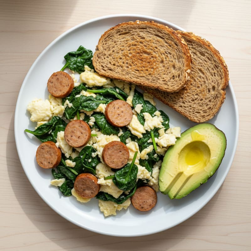 Egg White Spinach Scramble with Turkey Sausage