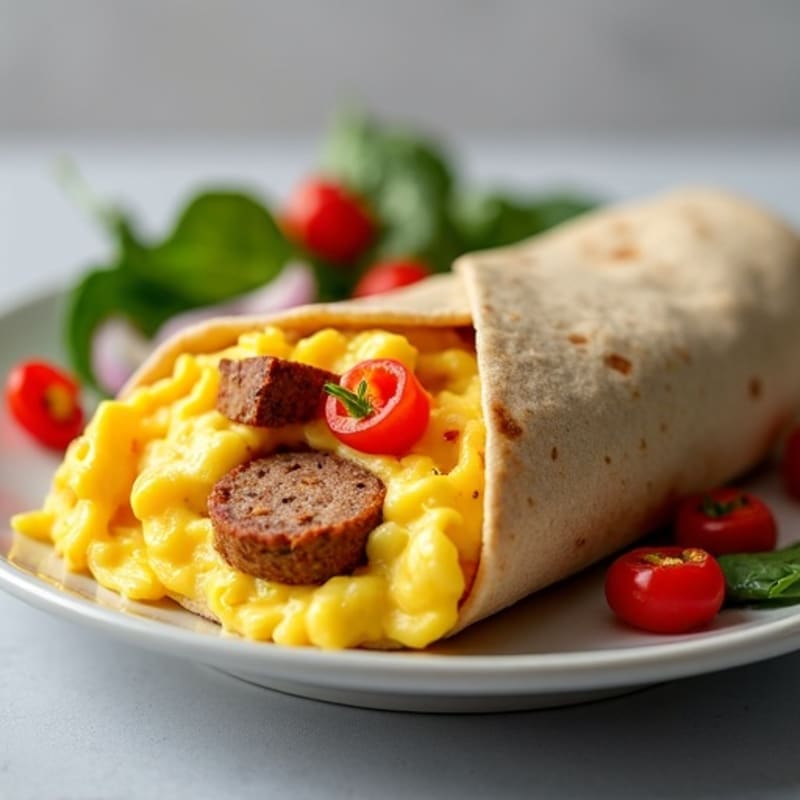 Hearty Scrambled Egg and Lean Turkey Sausage Burrito with Sautéed Fresh Veggies