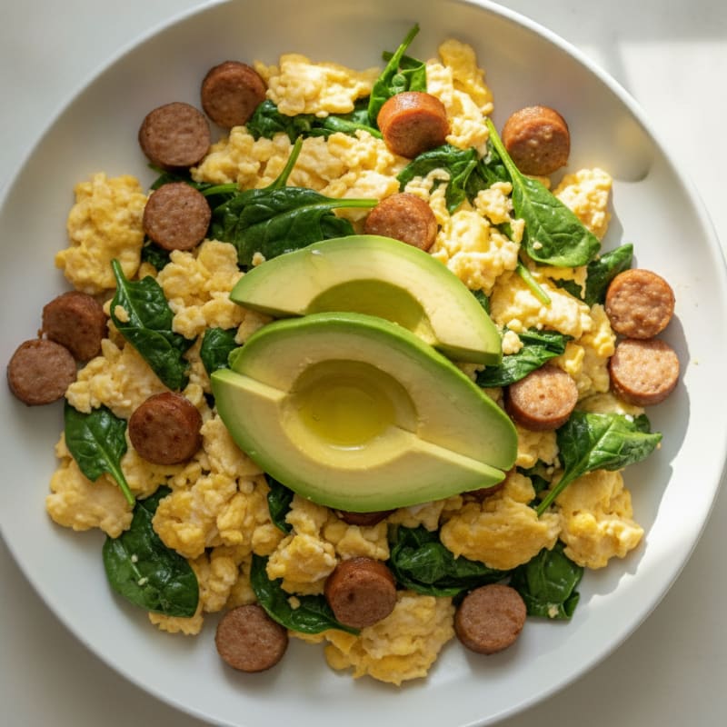Scrambled Eggs with Turkey Sausage and Sautéed Spinach