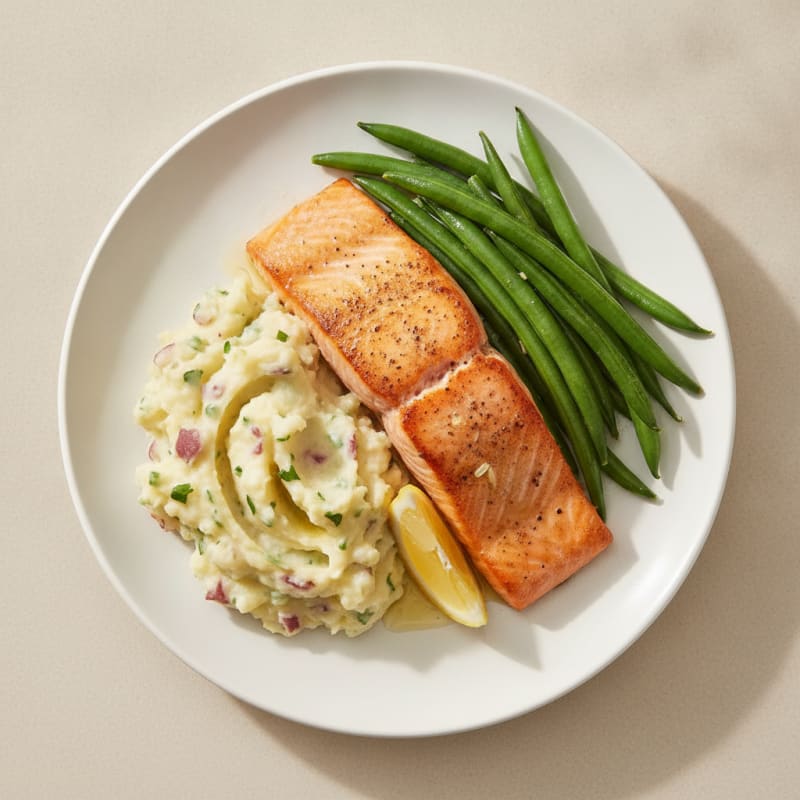 Seared Salmon with Steamed Green Beans and Garlic Mashed Potatoes