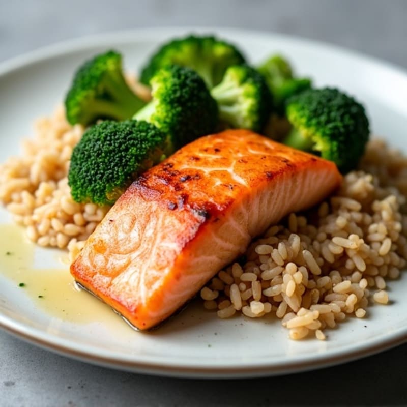 Seared Salmon with Steamed Broccoli and Brown Rice