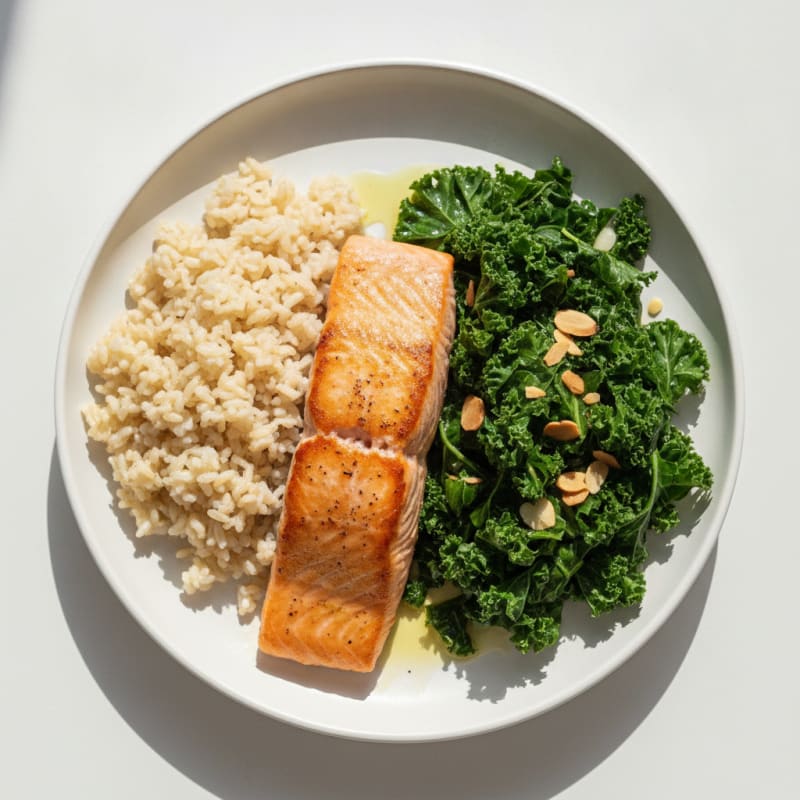 Pan-Seared Salmon with Steamed Brown Rice and Garlicky Sautéed Greens