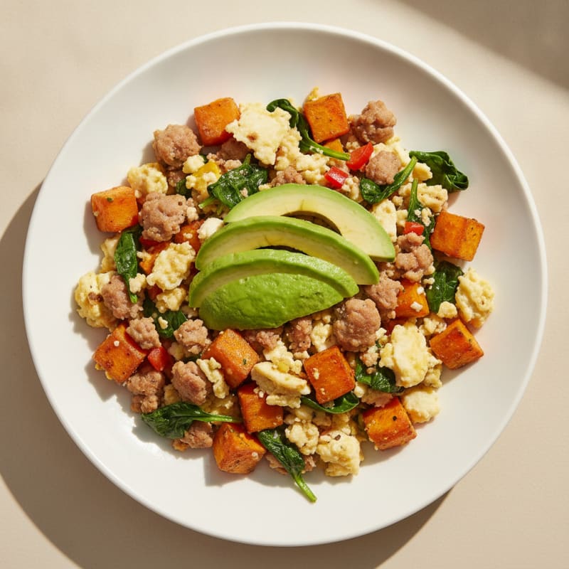 Egg White and Turkey Sausage Scramble with Roasted Sweet Potatoes