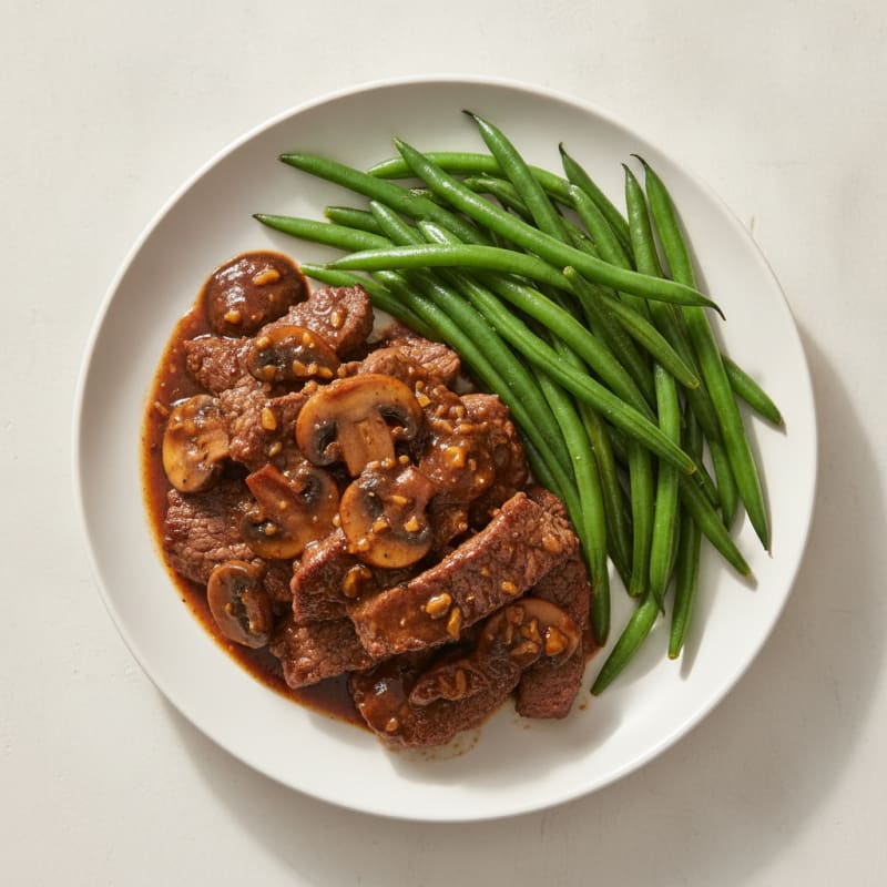 Tender Beef Strips in Savory Mushroom Sauce with Steamed Green Beans