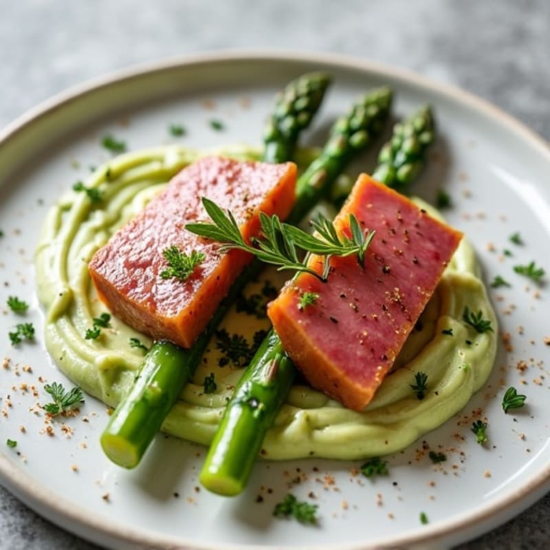 Seared Ahi Tuna with Creamy Wasabi Mayo and Crispy Roasted Asparagus