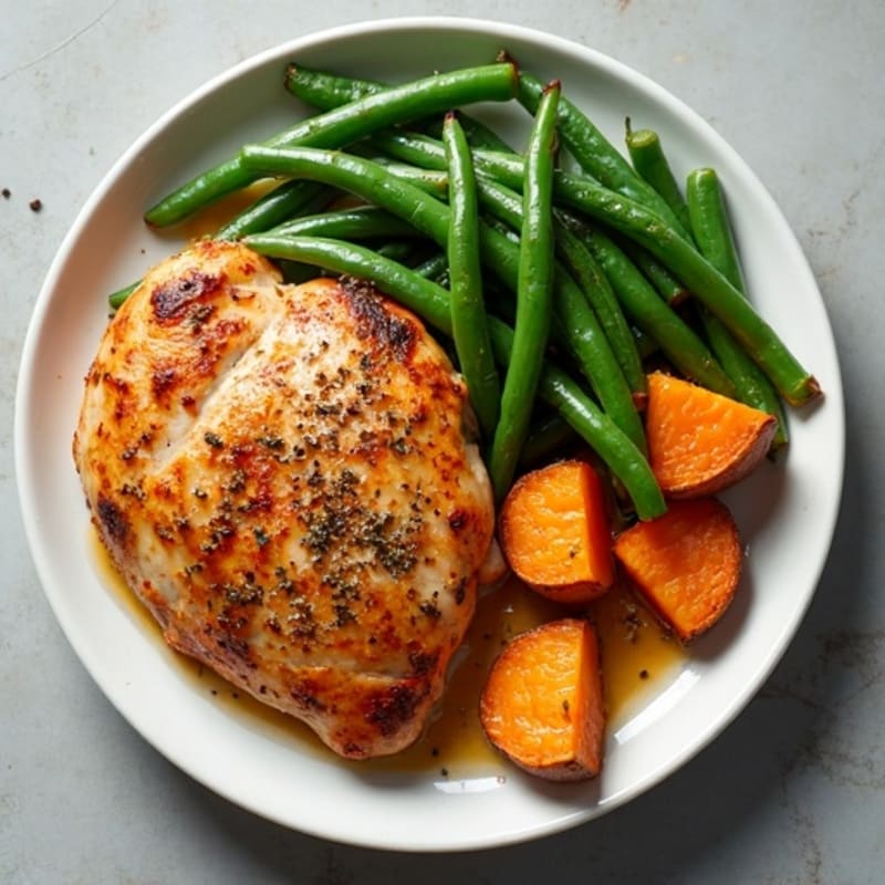 Sheet Pan Roasted Chicken and Crispy Sweet Potatoes with Fresh Green Beans