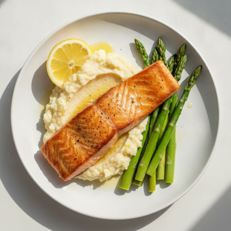 Seared Salmon with Steamed Asparagus and Cauliflower Mash