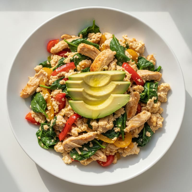 Chicken Spinach Egg White Scramble with Sautéed Peppers