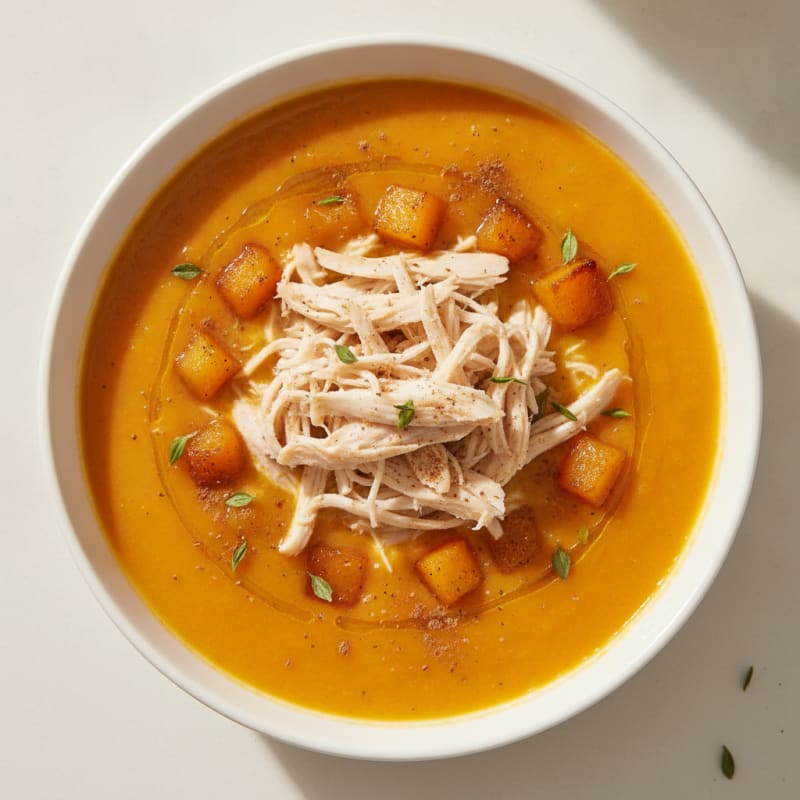 Roasted Butternut Squash and Apple Soup with Shredded Chicken