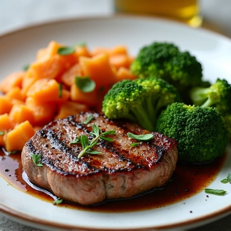 Seared Steak with Roasted Broccoli and Sweet Potato