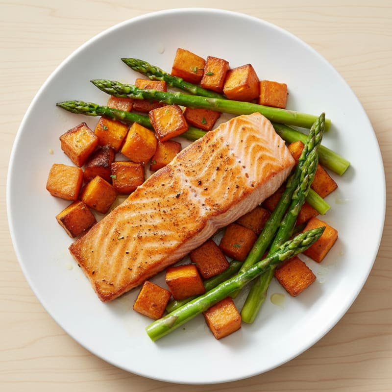 Seared Salmon Fillet with Roasted Sweet Potatoes and Asparagus