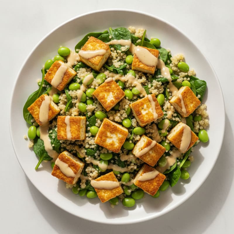 Crispy Tofu and Quinoa Salad with Edamame and Tahini Dressing