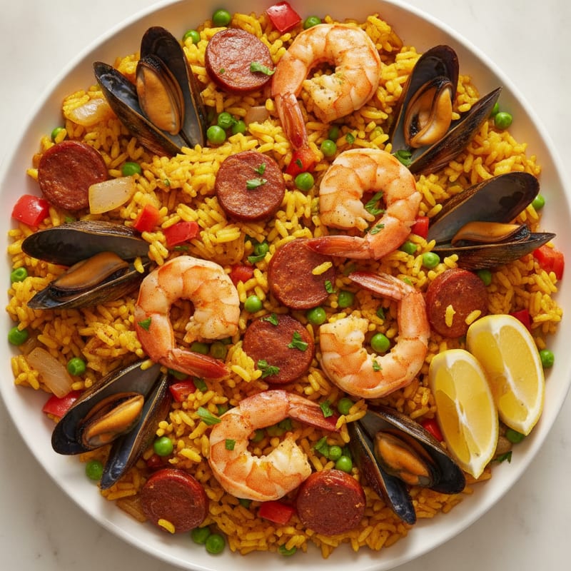 Saffron Seafood Paella with Chorizo