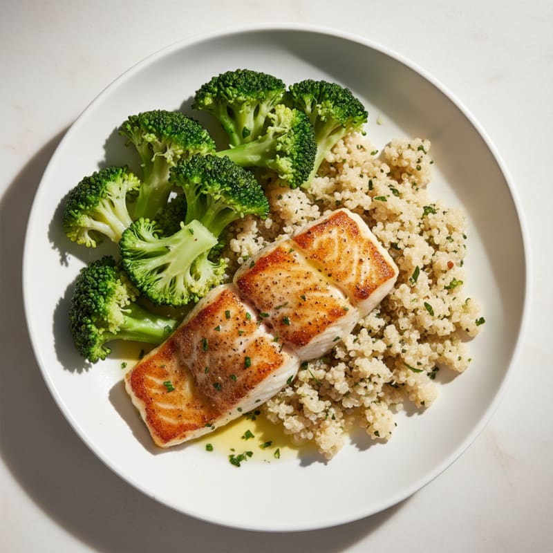 Seared Cod with Steamed Broccoli and Quinoa