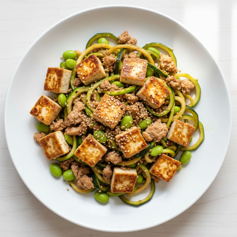 Seared Tofu with Zucchini Noodles and Edamame