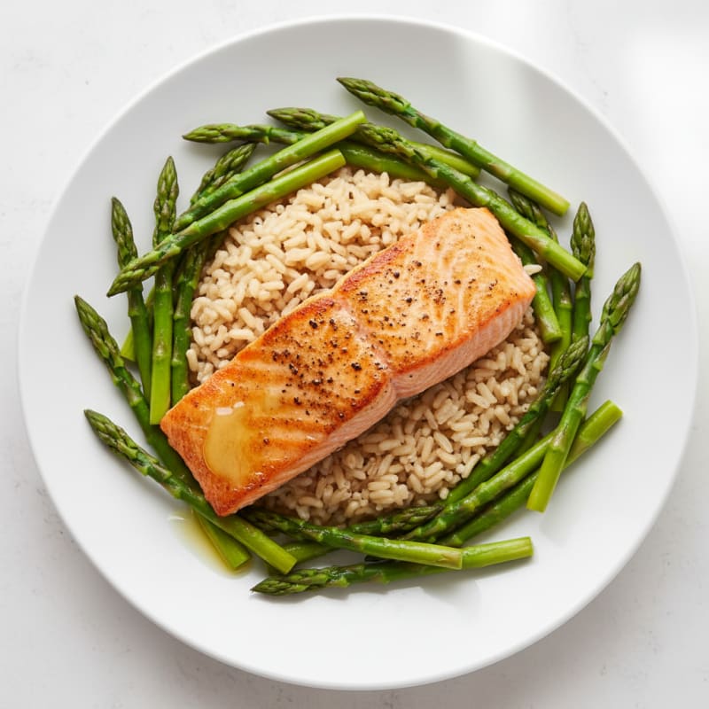 Seared Salmon Fillet with Steamed Asparagus and Brown Rice