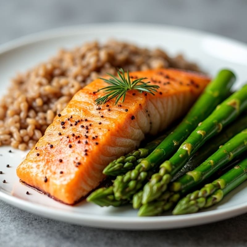 Seared Salmon Fillet with Steamed Asparagus and Brown Rice