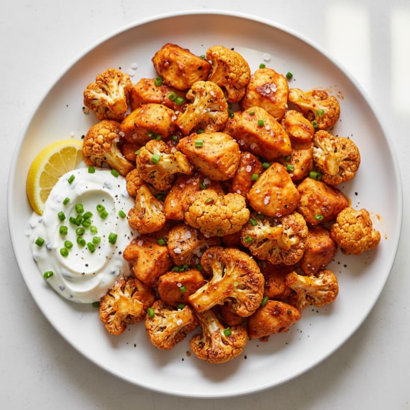 Crispy Buffalo Roasted Cauliflower and Chicken Bites