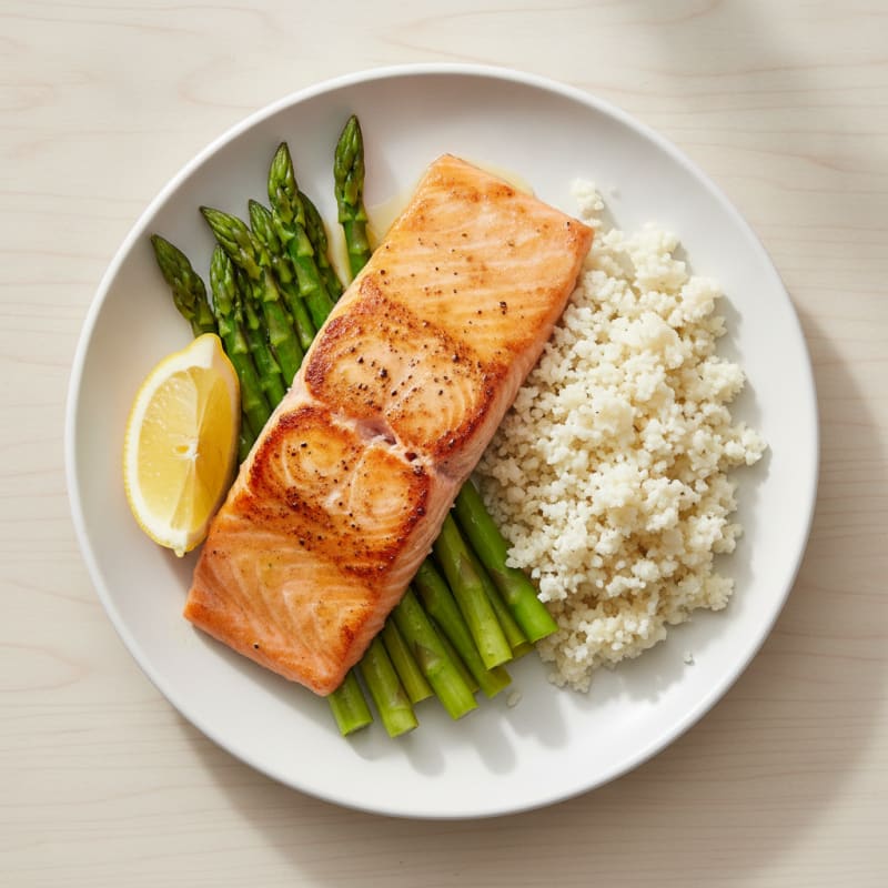 Seared Salmon with Steamed Asparagus and Cauliflower Rice