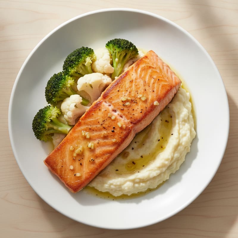 Seared Salmon Fillet with Steamed Broccoli and Garlic Cauliflower Mash