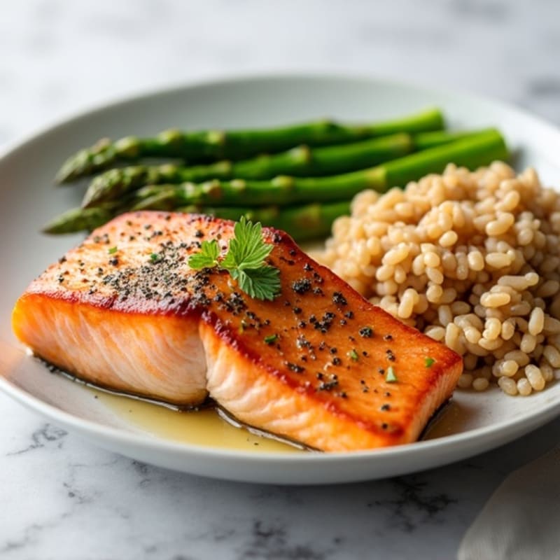 Seared Salmon with Steamed Asparagus and Brown Rice