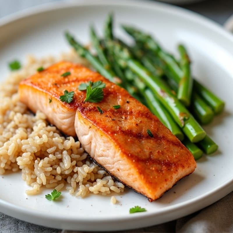 Seared Salmon Fillet with Steamed Asparagus and Brown Rice