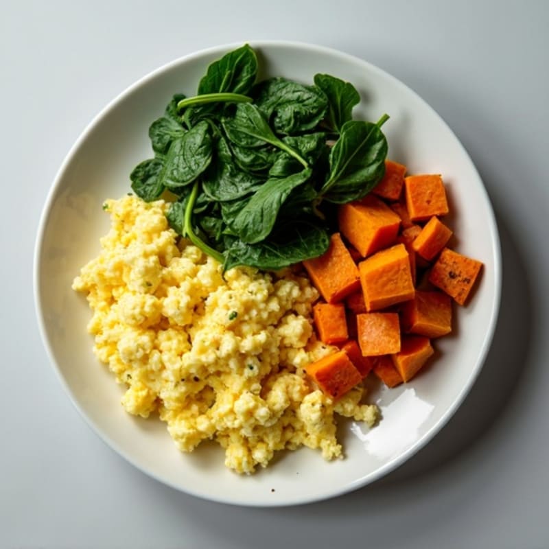 Fluffy Scrambled Eggs with Spinach and Roasted Sweet Potato Hash