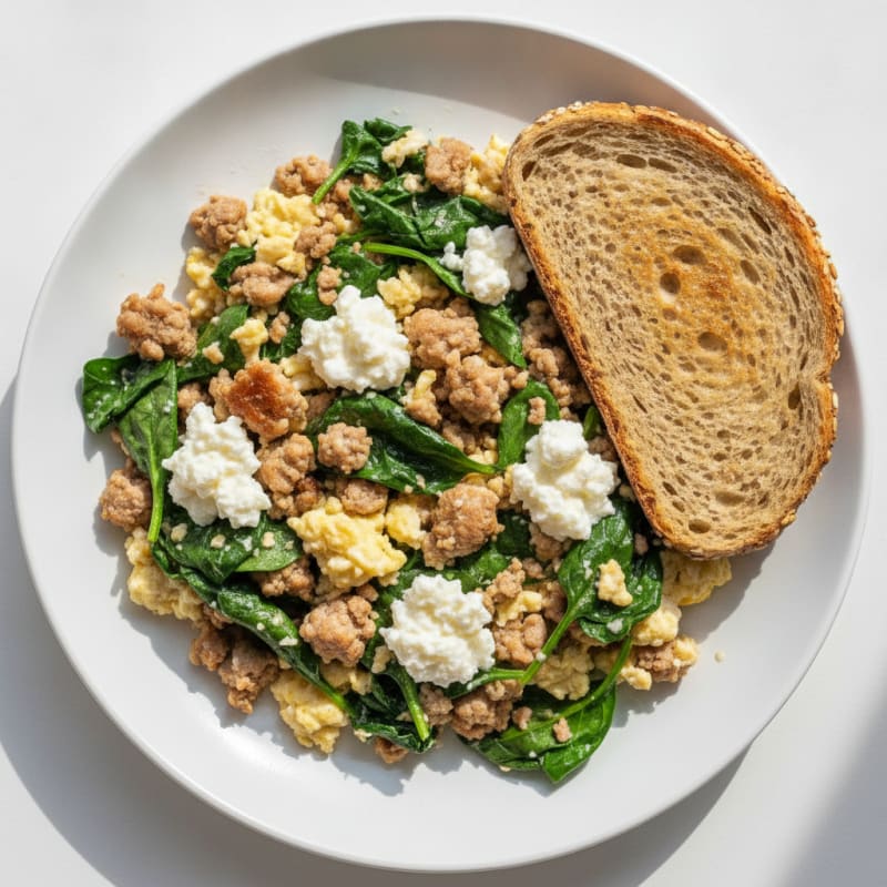Egg White and Turkey Spinach Scramble with Cottage Cheese