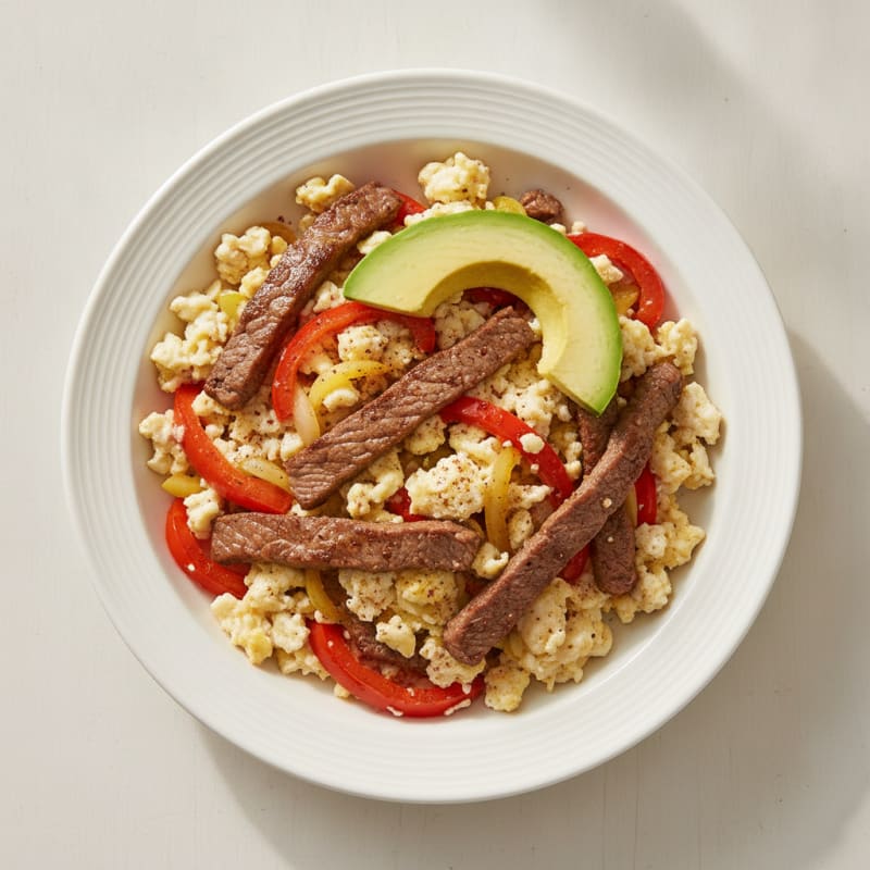 Egg White Scramble with Sautéed Steak and Bell Peppers