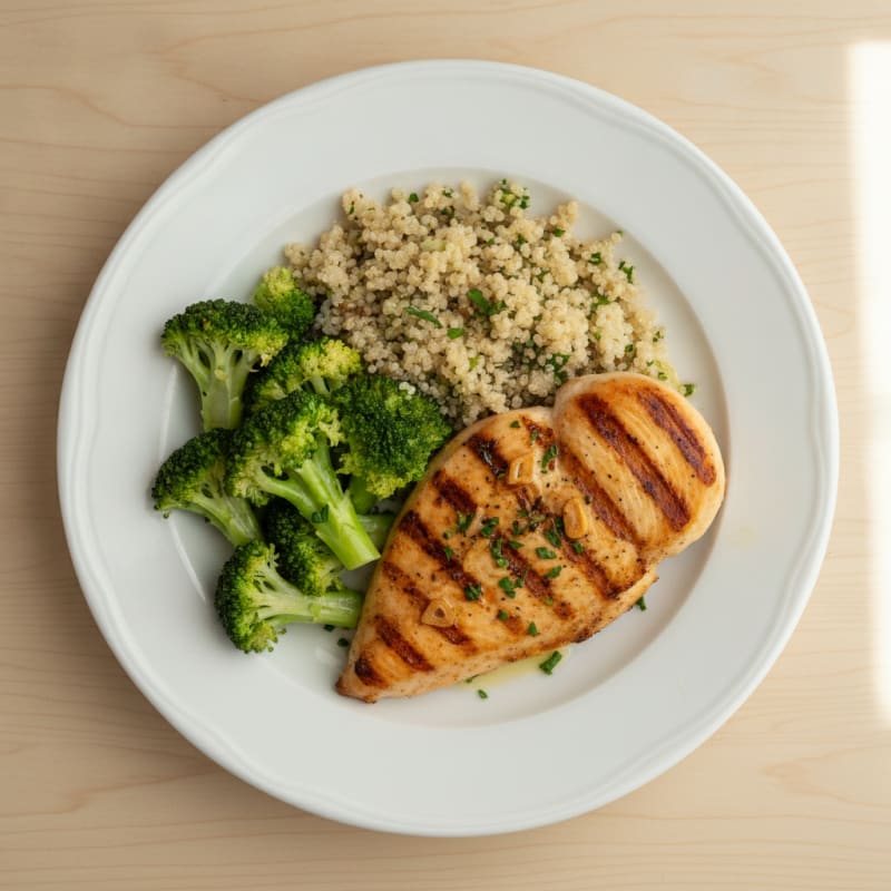 Grilled Chicken Breast with Steamed Broccoli and Quinoa