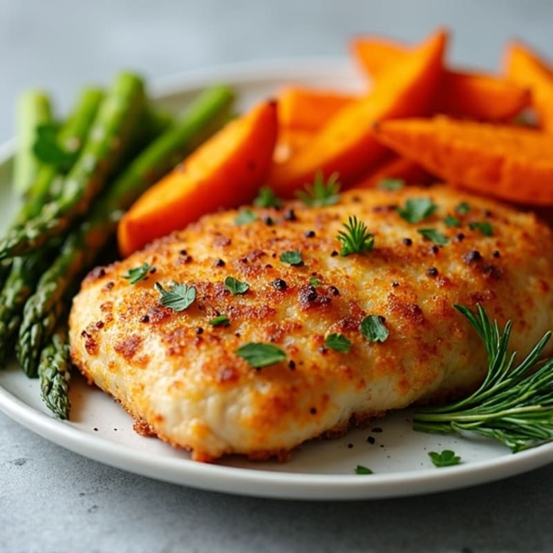 Crispy Sweet Potato Fries with Herb-Crusted Chicken and Roasted Asparagus