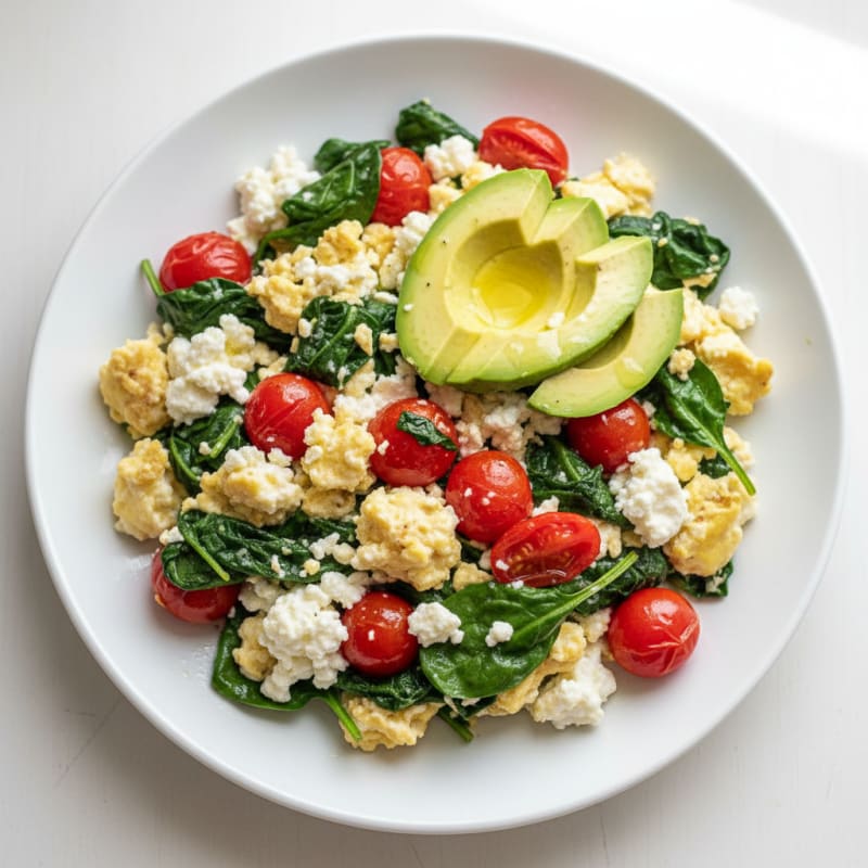 Cottage Cheese Egg White Scramble with Spinach and Cherry Tomatoes