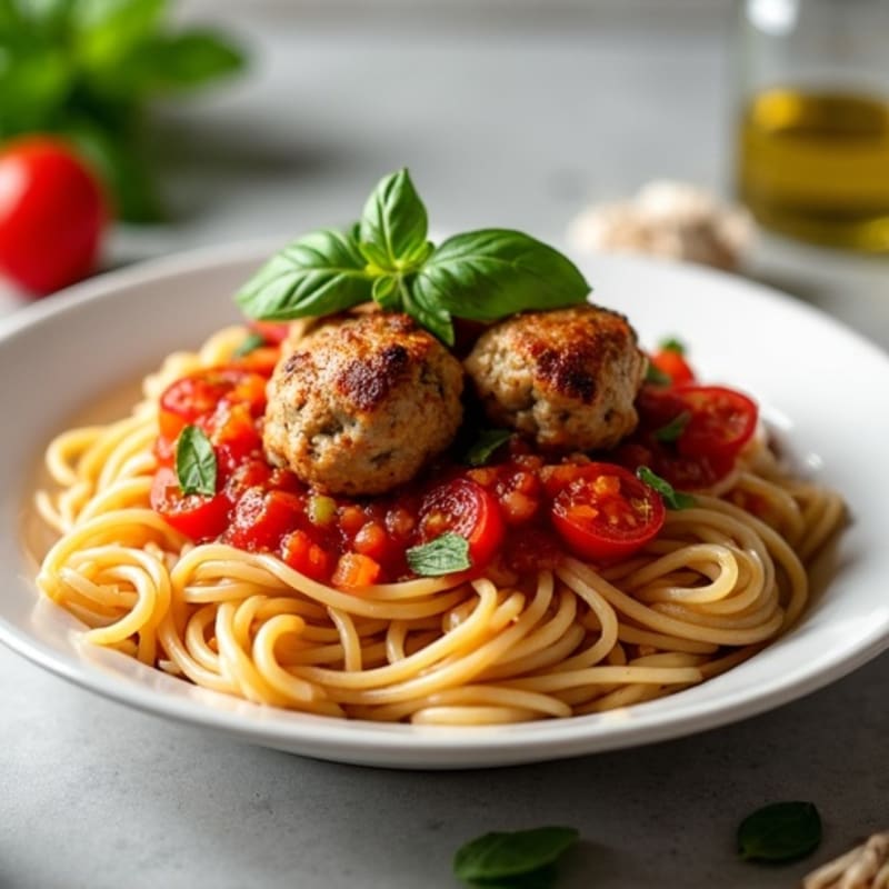Lean Turkey Meatballs with Whole Wheat Spaghetti and Fresh Herb Tomato Sauce