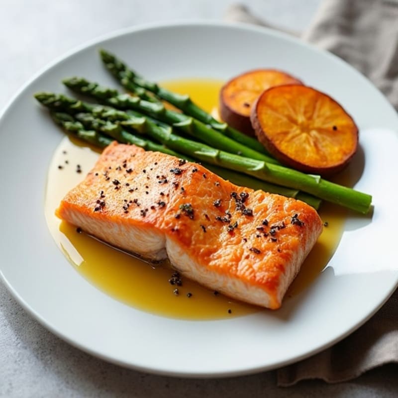 Seared Salmon with Roasted Asparagus and Sweet Potato