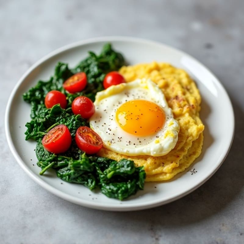 Fluffy Scrambled Eggs with Sautéed Spinach and Cherry Tomatoes